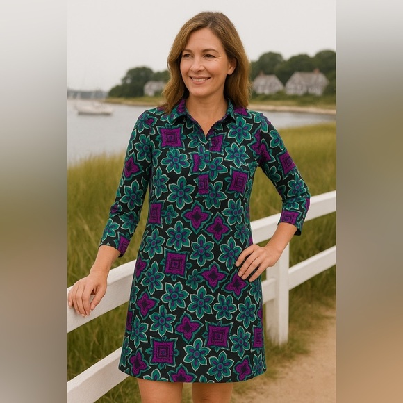 Jude Connally Michelle geometric purple and green collared dress - Picture 1 of 7
